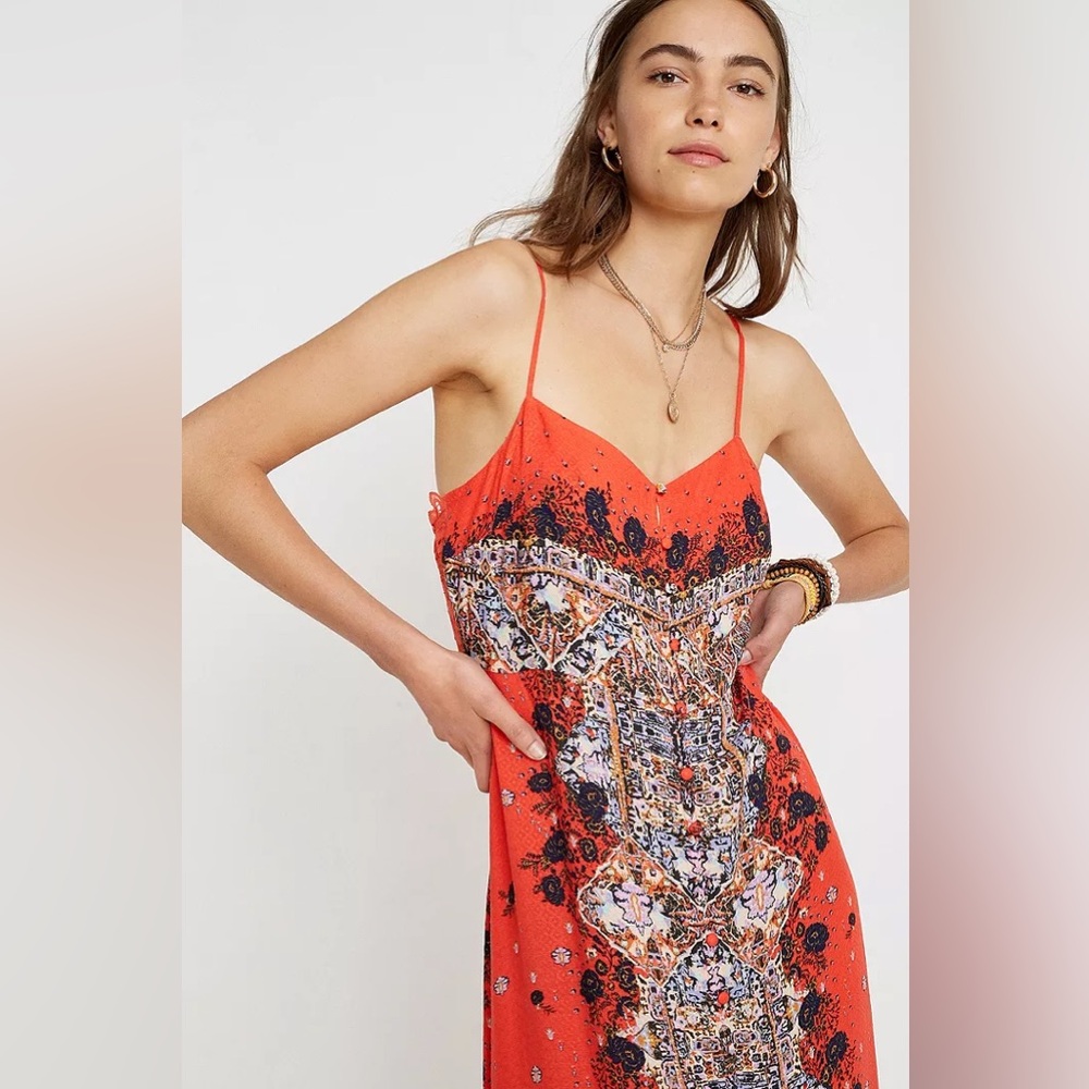 Free People morning song button up lace coral floral print maxi slip dress M - Picture 3 of 9